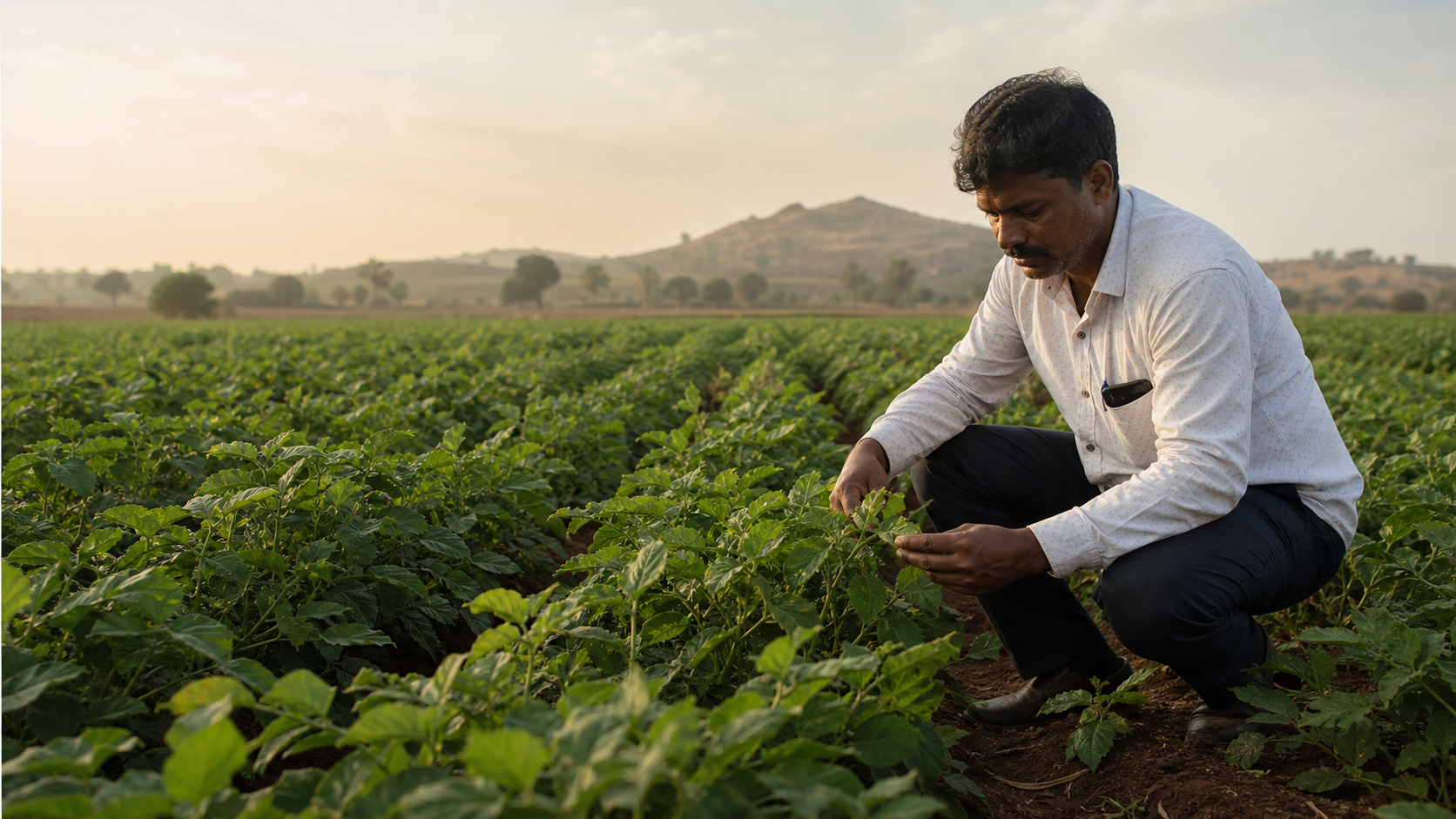 Agricultural professional inspecting plants in a seed production field