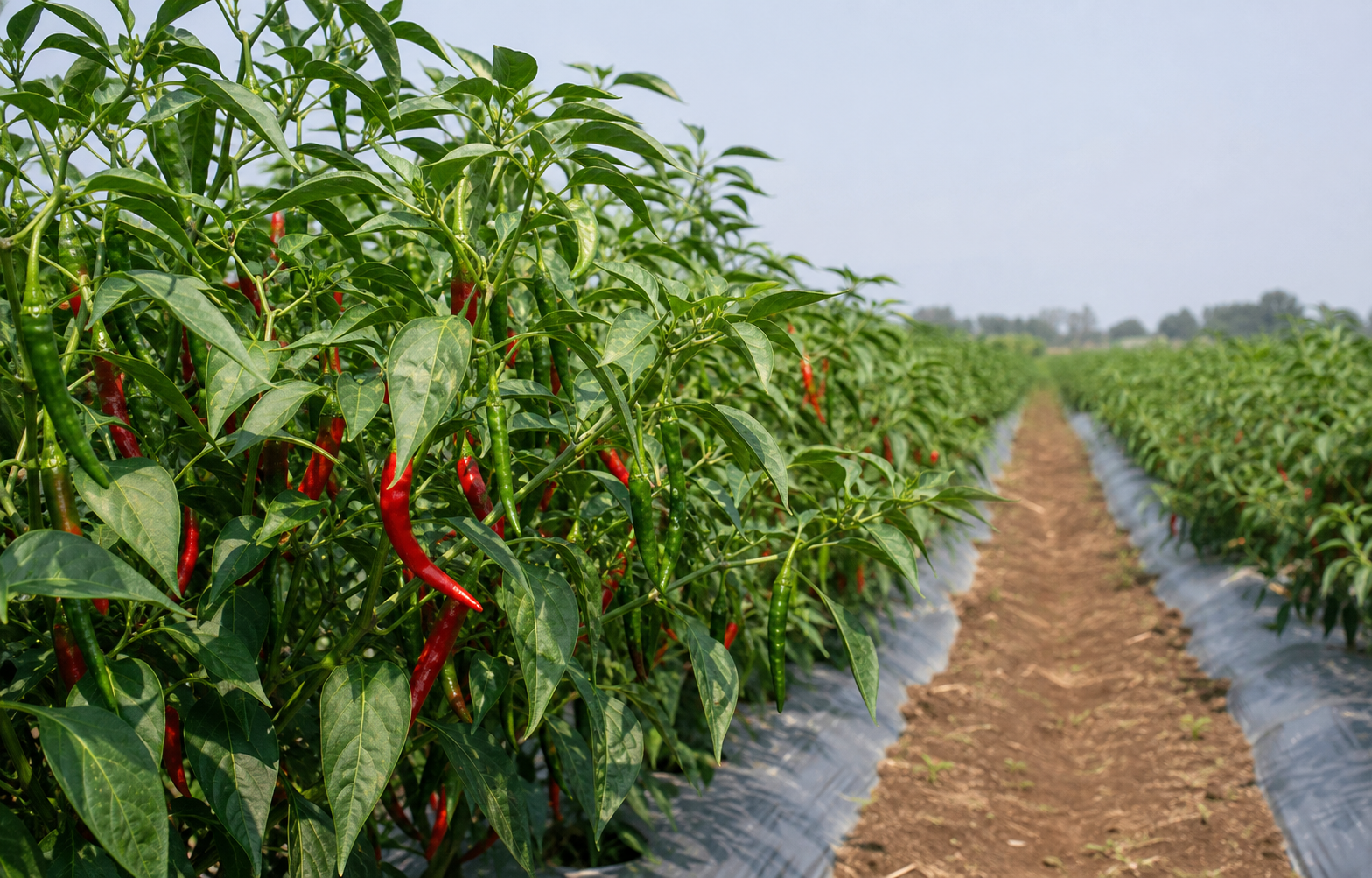Chilli plants growing in organized field rows
