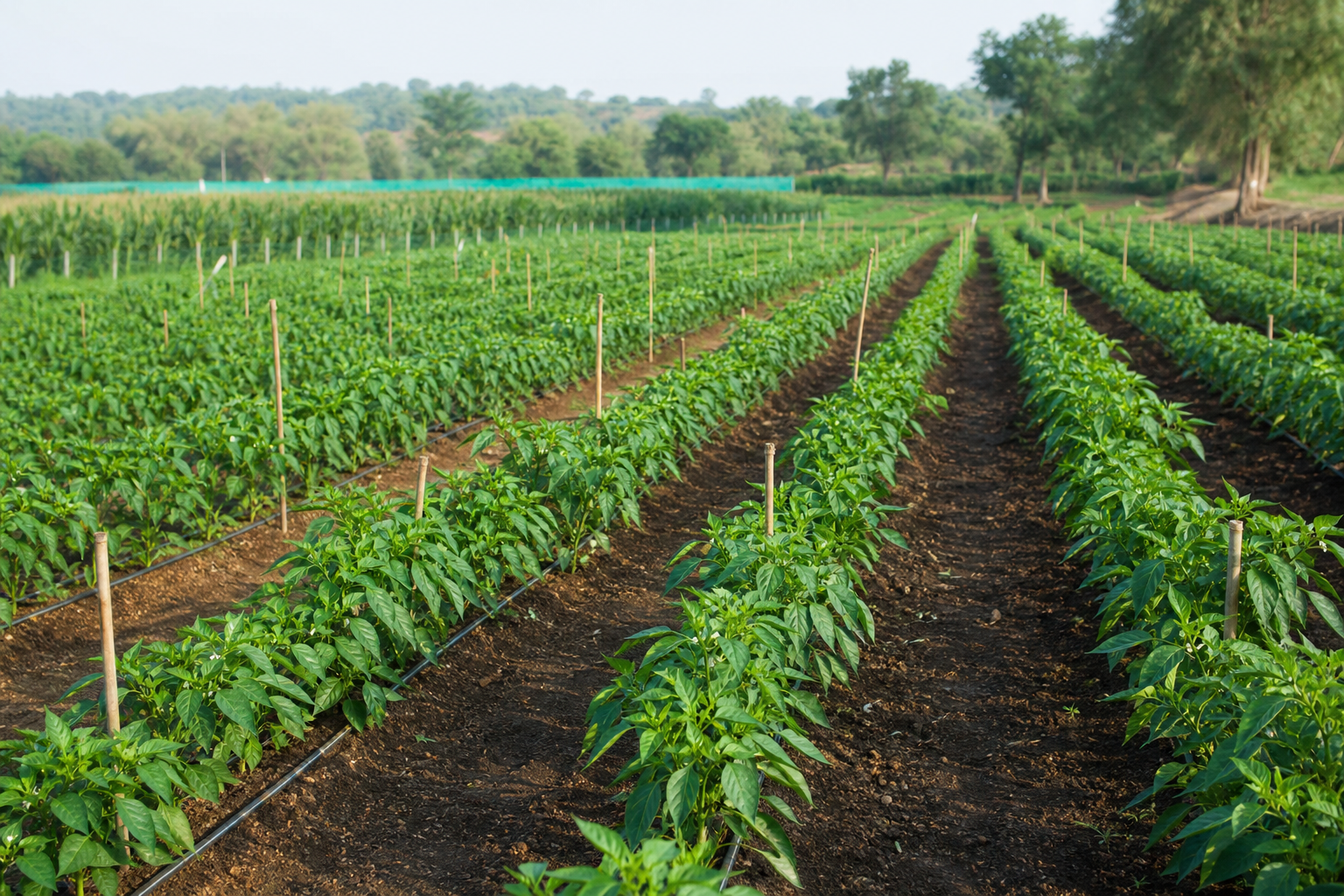 Organized vegetable seed production field with crop rows